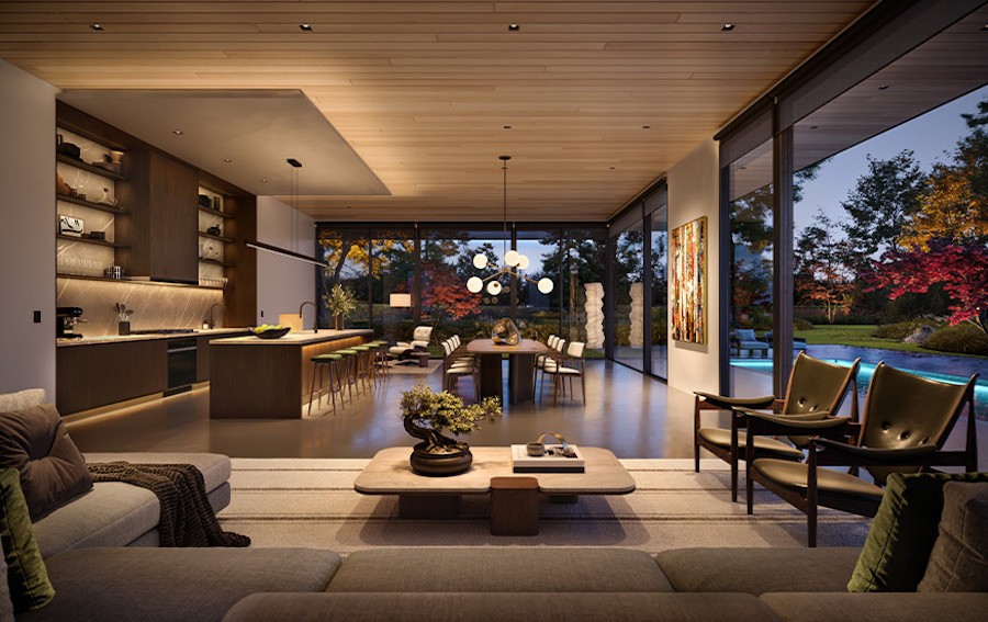 Interior view of a modern home with luxurious layered lighting.