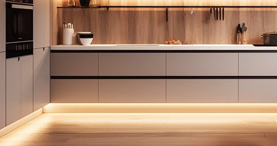 A view of modern kitchen cabinetry set off by elegant linear lighting. 