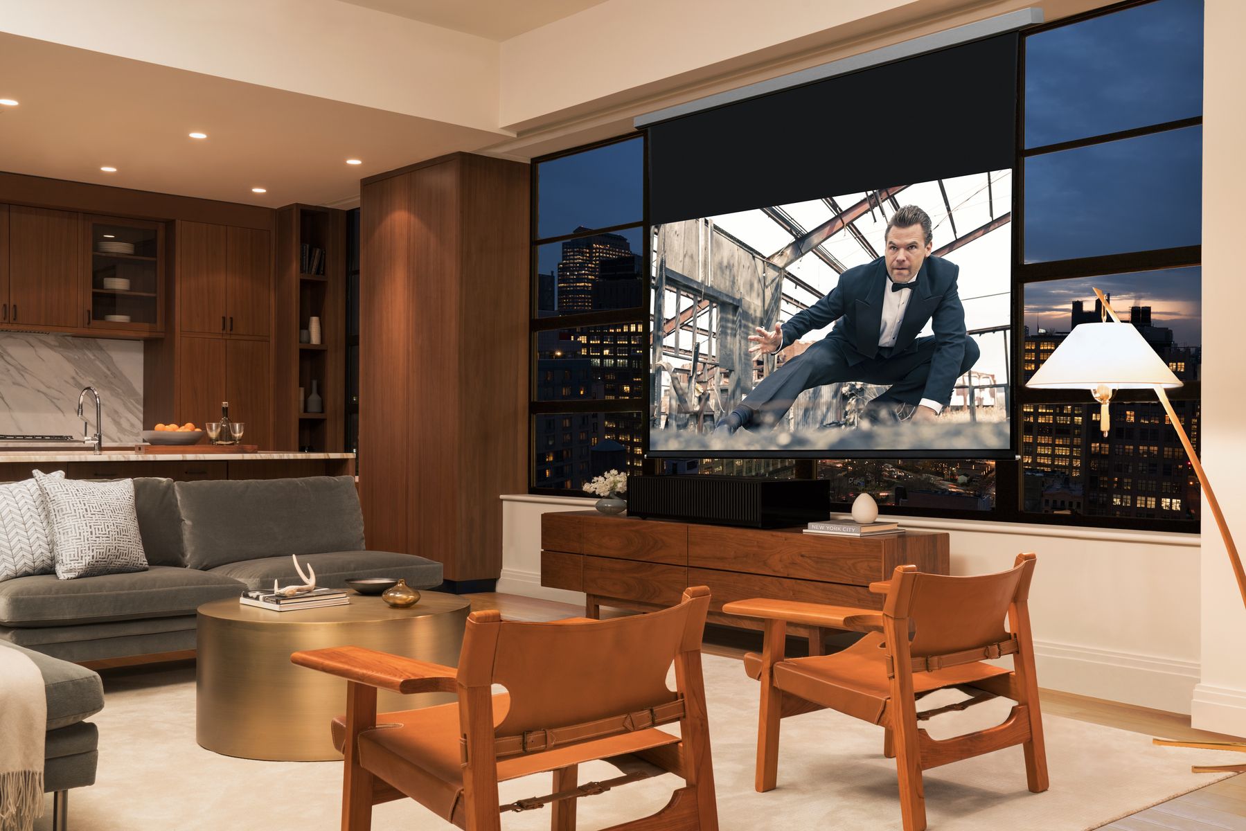Sony pull-down projector in a room with wooden accents