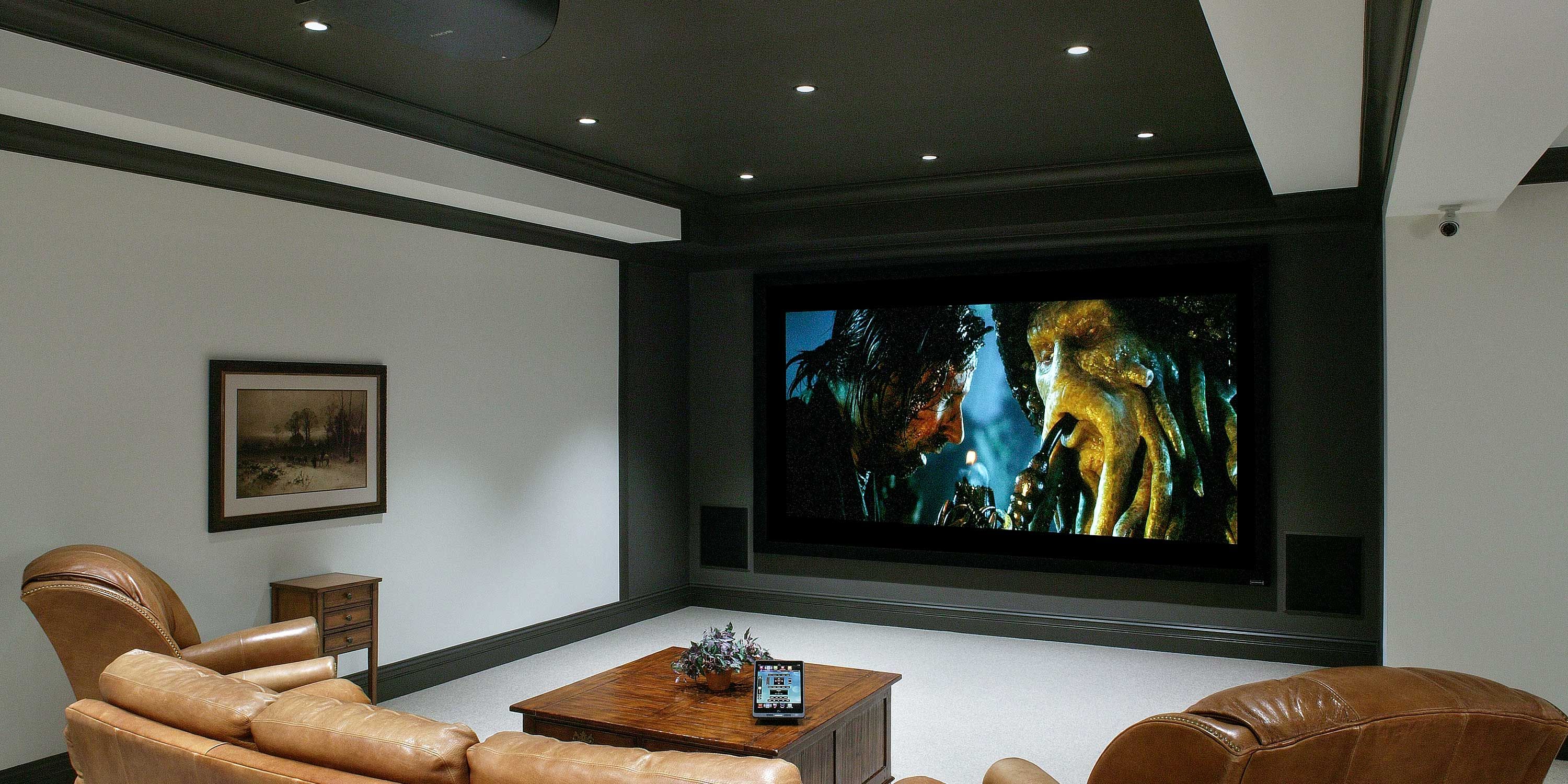 clean modern home theater with davy jones on the screen